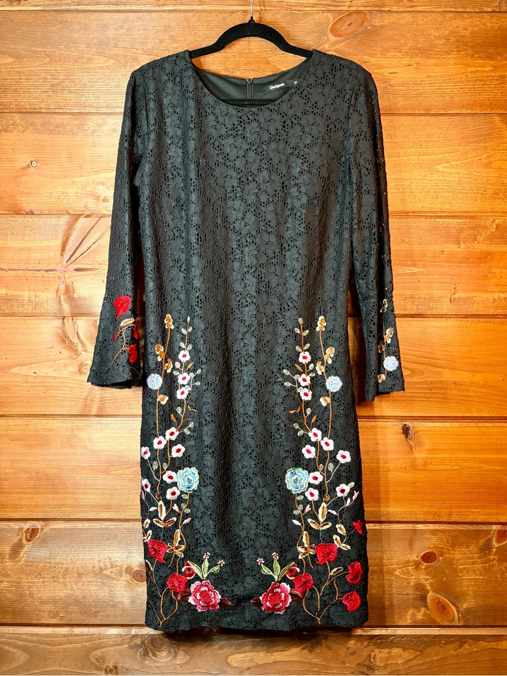 Desigual Black Lace Long Sleeve Dress Multicolor Floral Embroidery Size Small ❤️